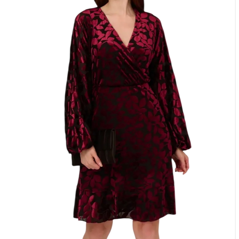 Adrianna Papell Velvet Burnout Long Sleeve Dress Burgundy Plus Size 16